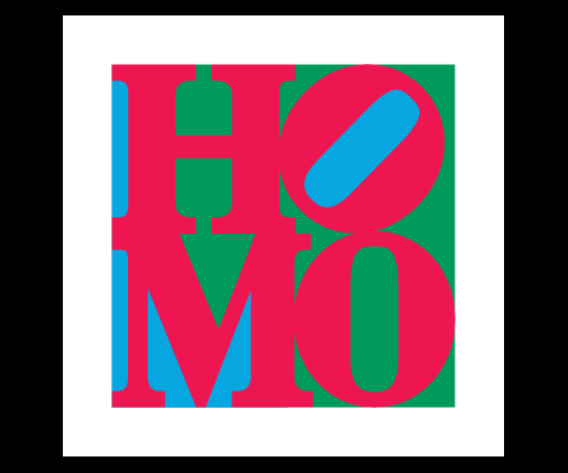 Homo<br/>
	Offset sticker, edition of 10,000. 1.75" x 1.75", 2005. <br/>
	Designed with Karl X, these stickers were distributed at <br/>
	the 2005 New York City gay pride parade <br/>
	as part of our five-year public art project. <br/>
	This design was a fortieth-year anniversary tribute to <br/>
	Robert Indiana’s “Love.”